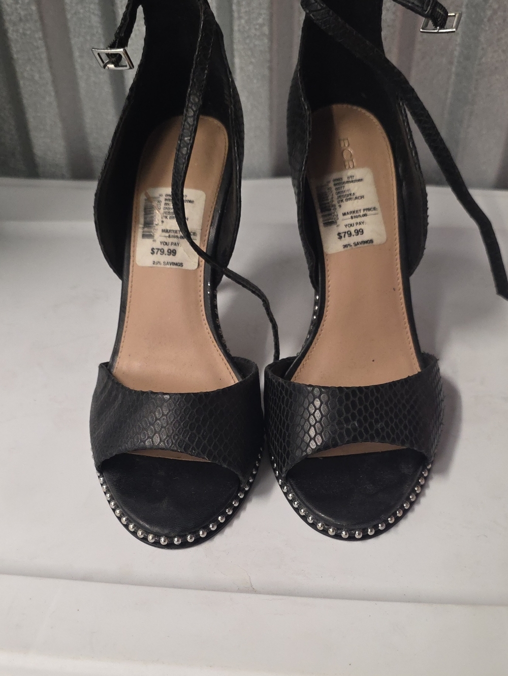 BCBG Black Snake-Texture Open-Toe Ankle Strap Heels with Silver Studs